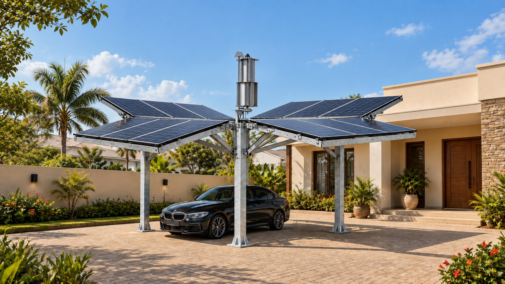 Konzeptvisualisierung des GREEN ENERGY CUBE als Überdachung eines privaten Fahrzeugstellplatzes