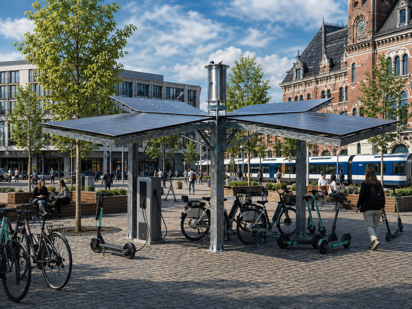 Konzeptvisualisierung des GREEN ENERGY CUBE auf einem öffentlichen Stadtplatz mit Fahrrädern und Scootern